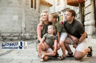 پرسشنامه جو عاطفی خانواده. خانواده ای 4 نفره که با هم در حال تماشای منظره ای زیبا هستند./ نام پرسشنامه و آرم سایت آزمودنی در عکس درج شده است.