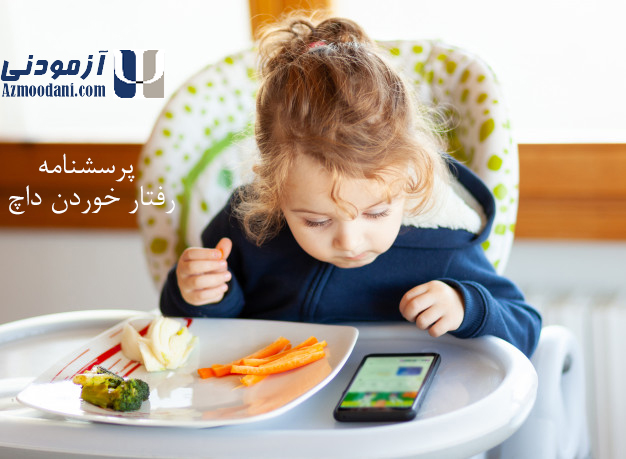 پرسشنامه رفتار خوردن داچ. دختر بچه ای در حال غذا خوردن است که همزمان با گوشی هوشمند کار میکند./ نام پرسشنامه و لوگوی آزمودنی در تصویر درج شده است.